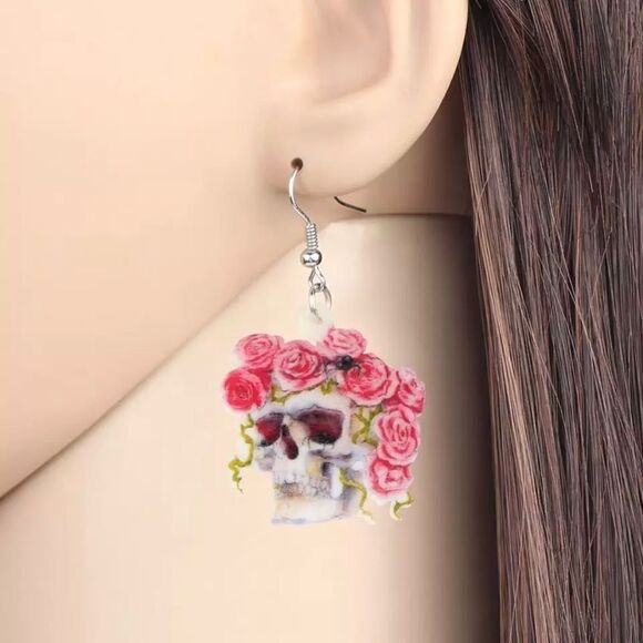 Floral Skull Earring Dia de los Muertos Halloween Pink Lightweight - Picture 3 of 5